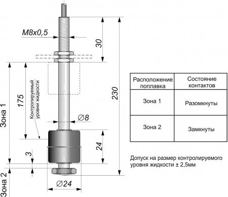 Датчик герконовый поплавковый уровня жидкости DFG 24.24-B1-NC-175.08-M8x0,5-S